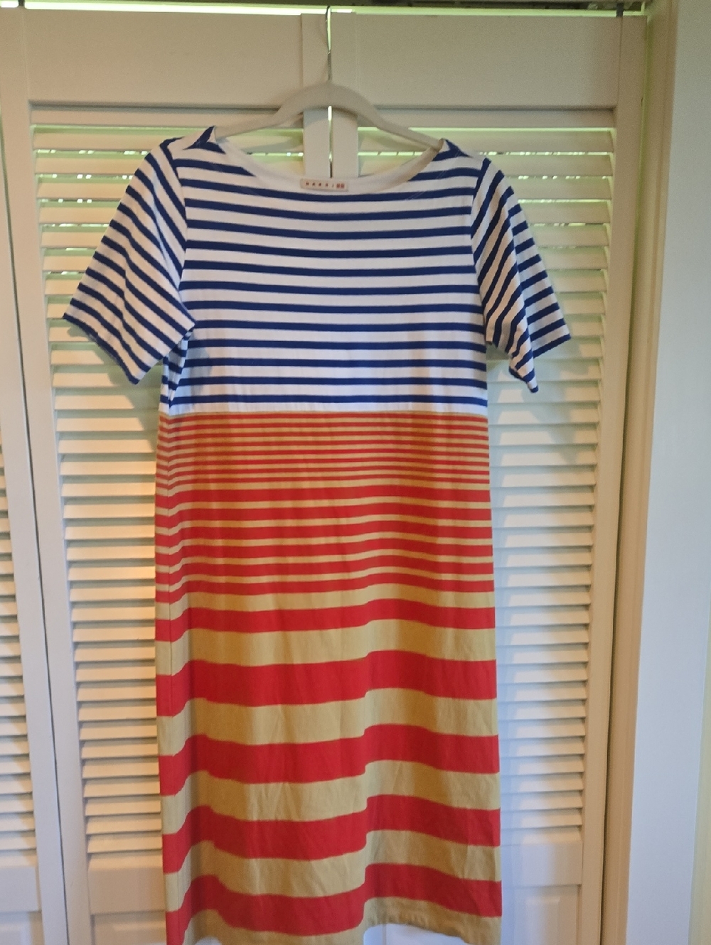 Marni White and Blue Striped Short-Sleeve Knit Mid Dress